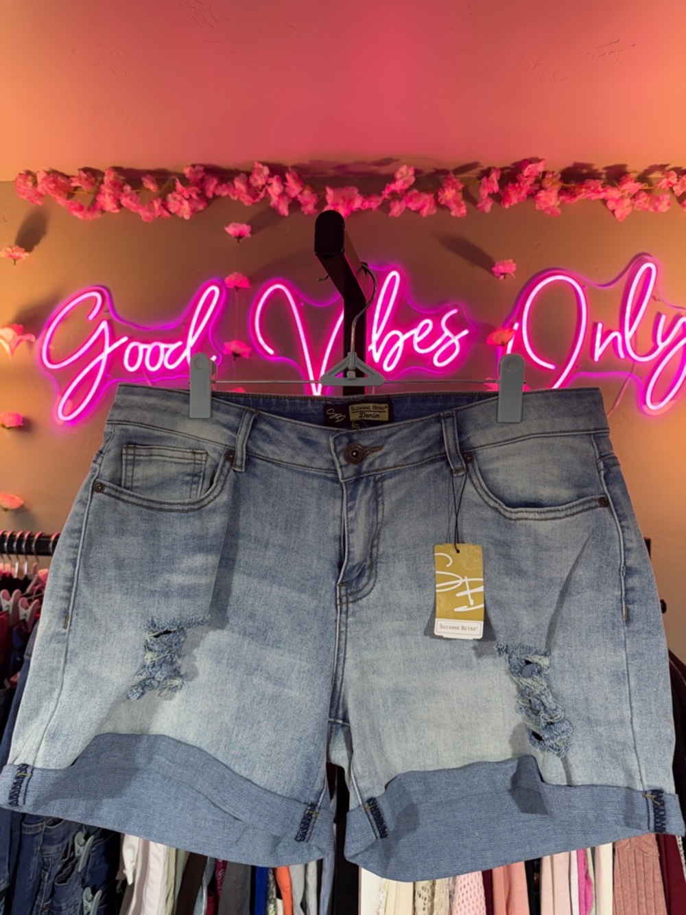 Suzanne Betro Light Blue Distressed Jean Shorts